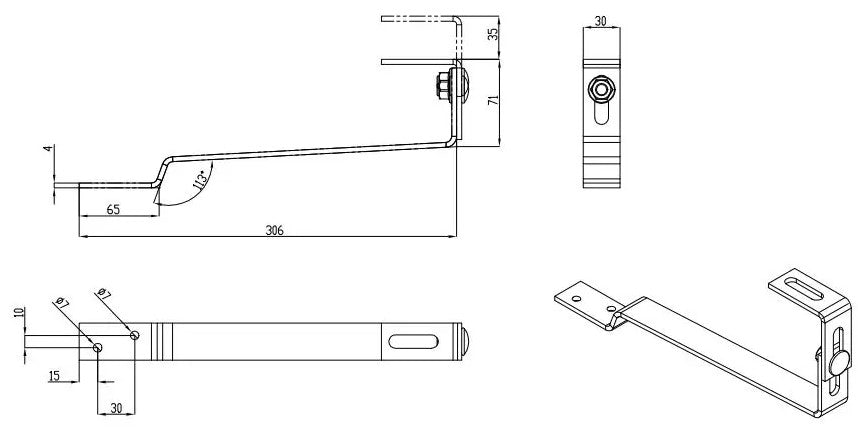 Dachhaken 306mm verstellbar für Schrägdächer - Edelstahl (Biberschwanz)