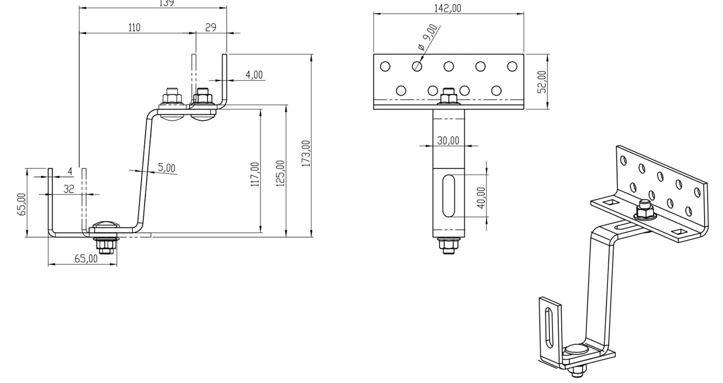 Dachhaken 3-fach verstellbar H-17-Edelstahl L.:145