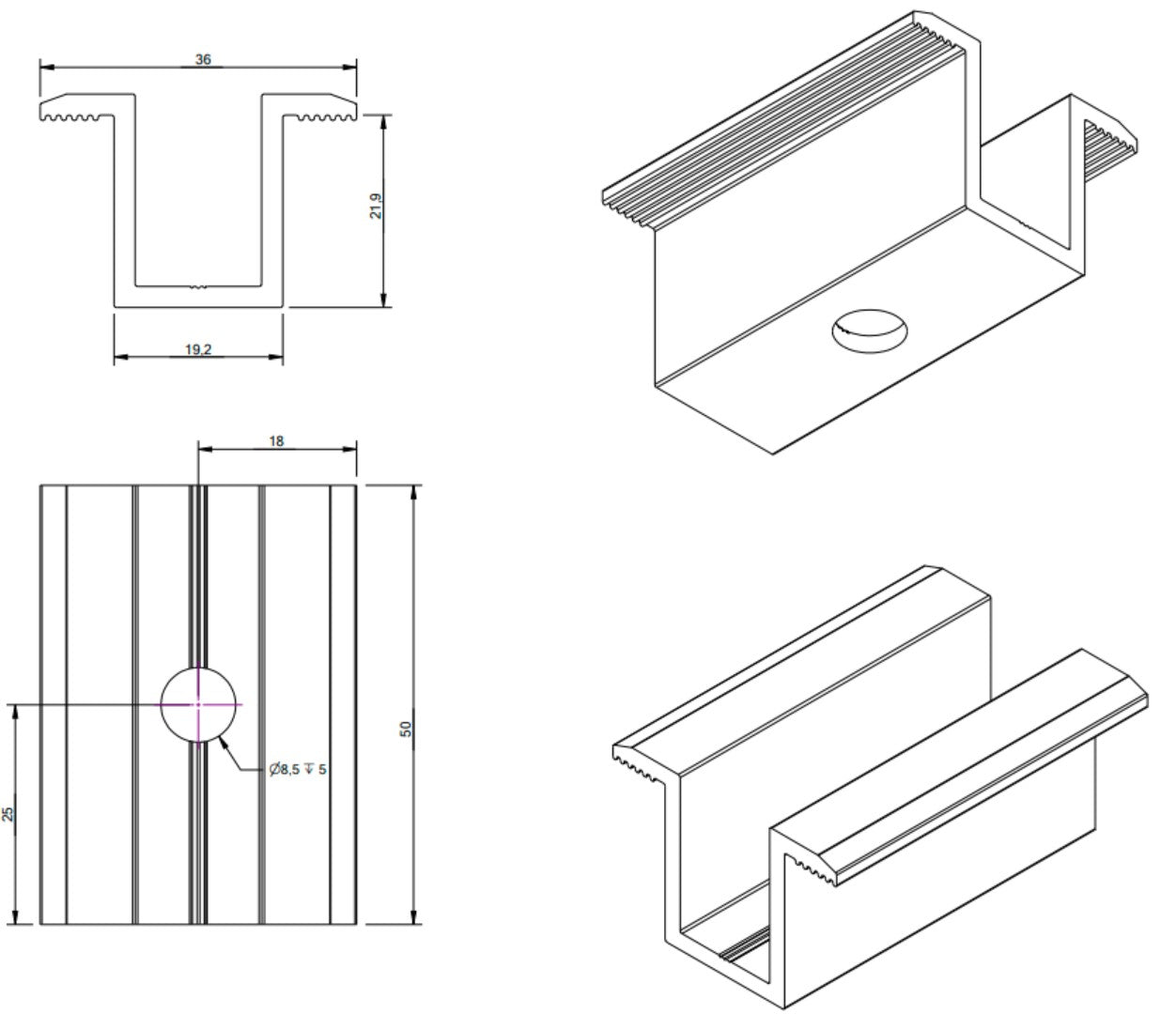 Modul - Mittelklemme H24 Aluminium 6060 Bohrung M8 - schwarz eloxiert
